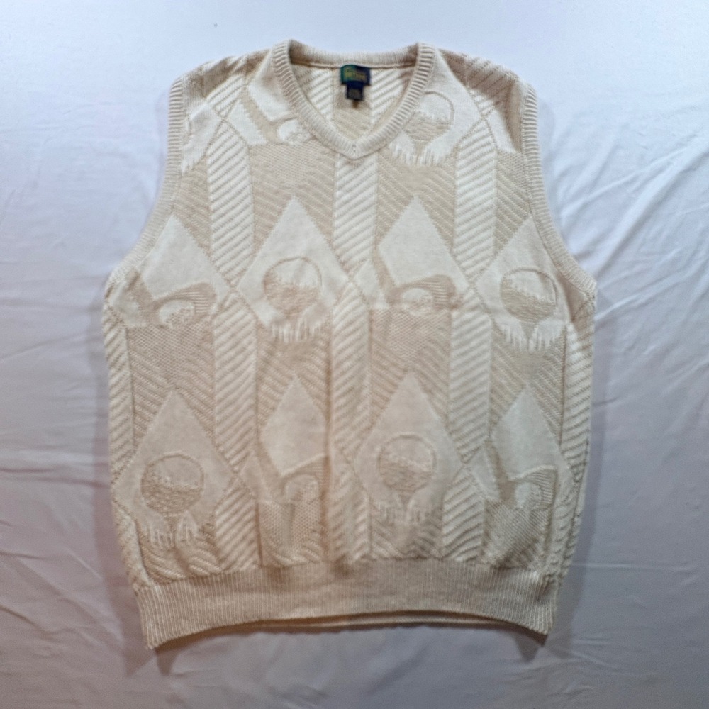 Fairway Sport Golf Sweater Vest Mens XL Cream Tan Cotton Knit V-Neck USA Made